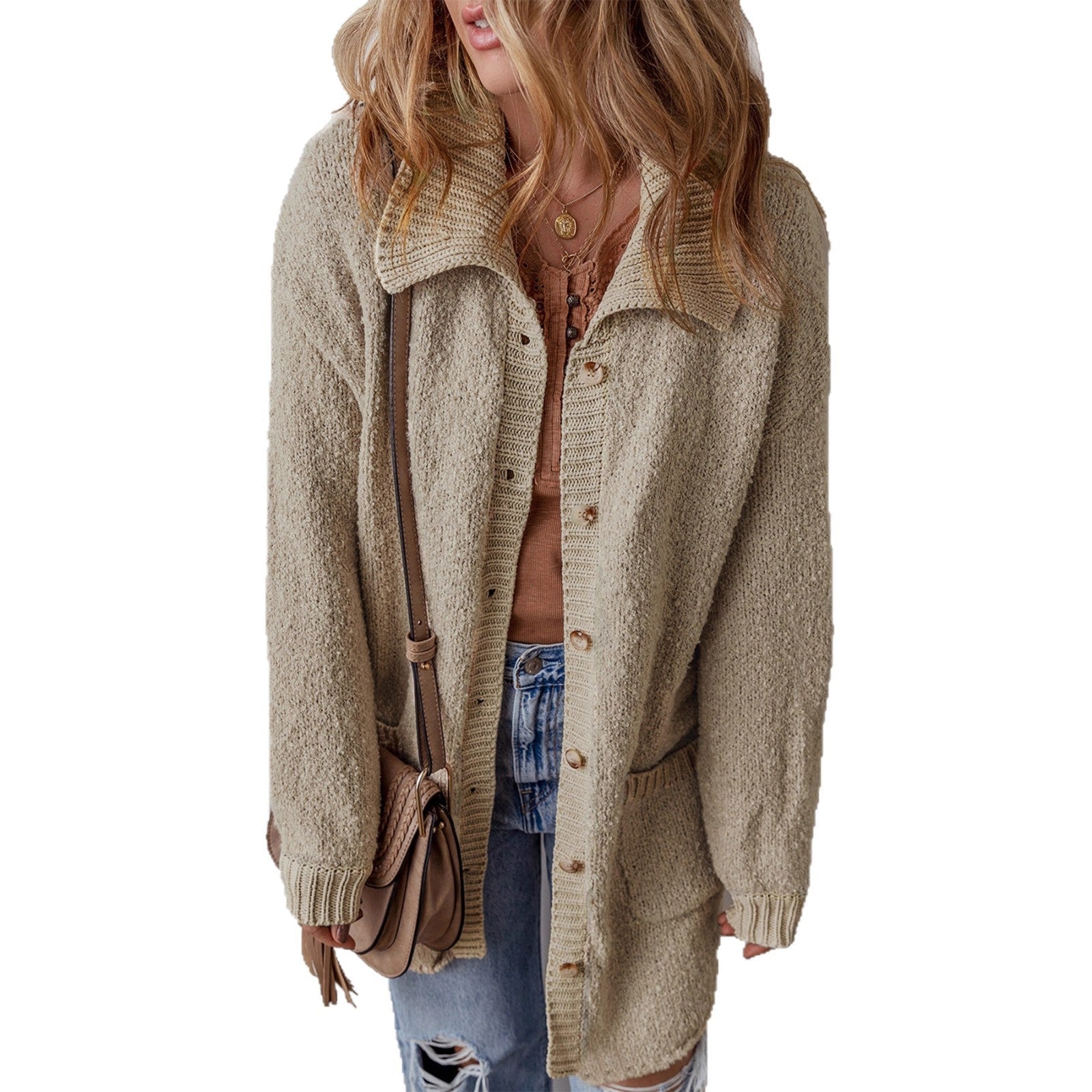 Damen Grobstrickjacke mit praktischen Taschen und kontrastierendem Kragen