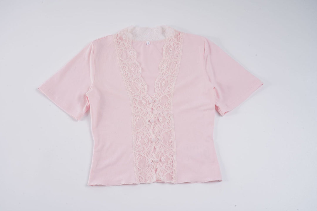 Damen elegantes Kurzarmoberteil mit zarten Spitzenakzenten R&B