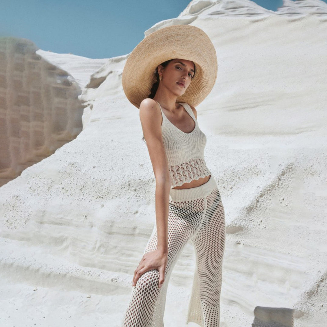 Damen luftiges Cropped-Häkeloberteil und Hochtaillierte Netzhose R&B