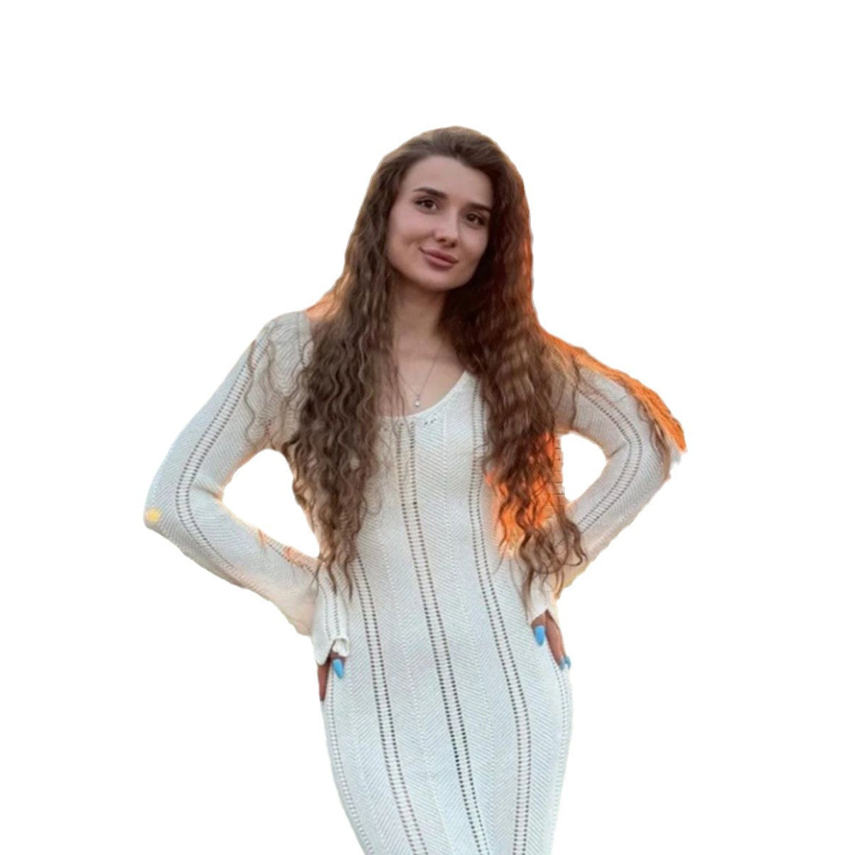 Damen Strickmaxikleid mit raffiniertem Lochmuster und tiefem V-Ausschnitt R&B