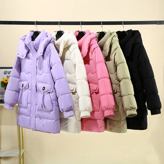 Damen Lange Pufferjacke mit praktischem Kapuzenkragen und großen Taschen R&B