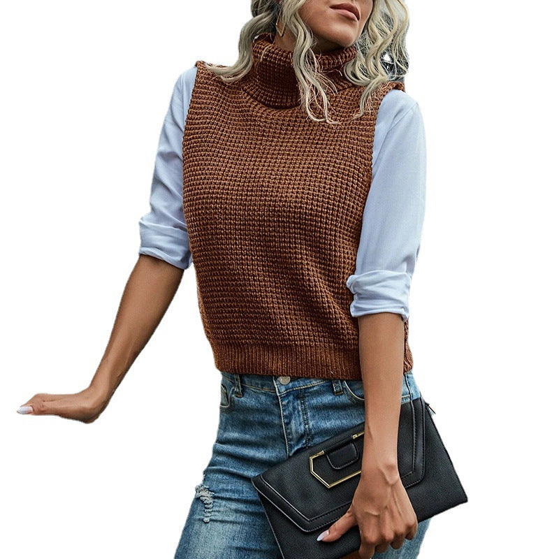 Damen Grobstrick-Westenpulli mit hohem Kragen und raffiniertem Strukturmuster R&B