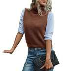 Damen Grobstrick-Westenpulli mit hohem Kragen und raffiniertem Strukturmuster