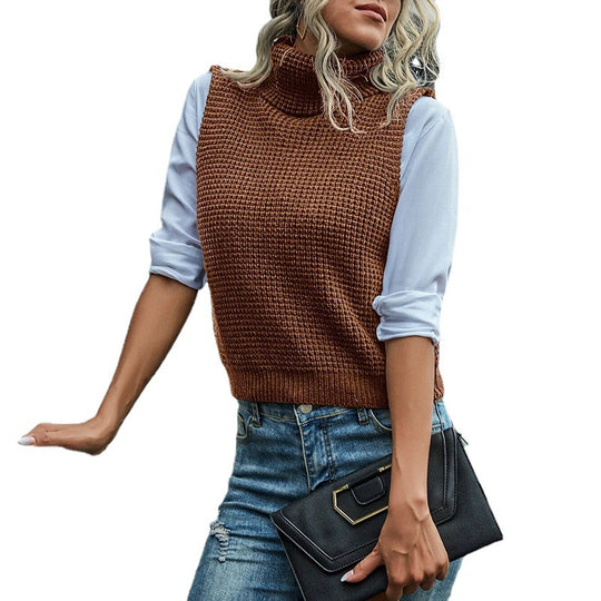 Damen Grobstrick-Westenpulli mit hohem Kragen und raffiniertem Strukturmuster R&B