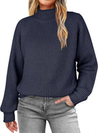 Damen modischer Strickpullover mit hohem Kragen und strukturierter Oberfläche R&B