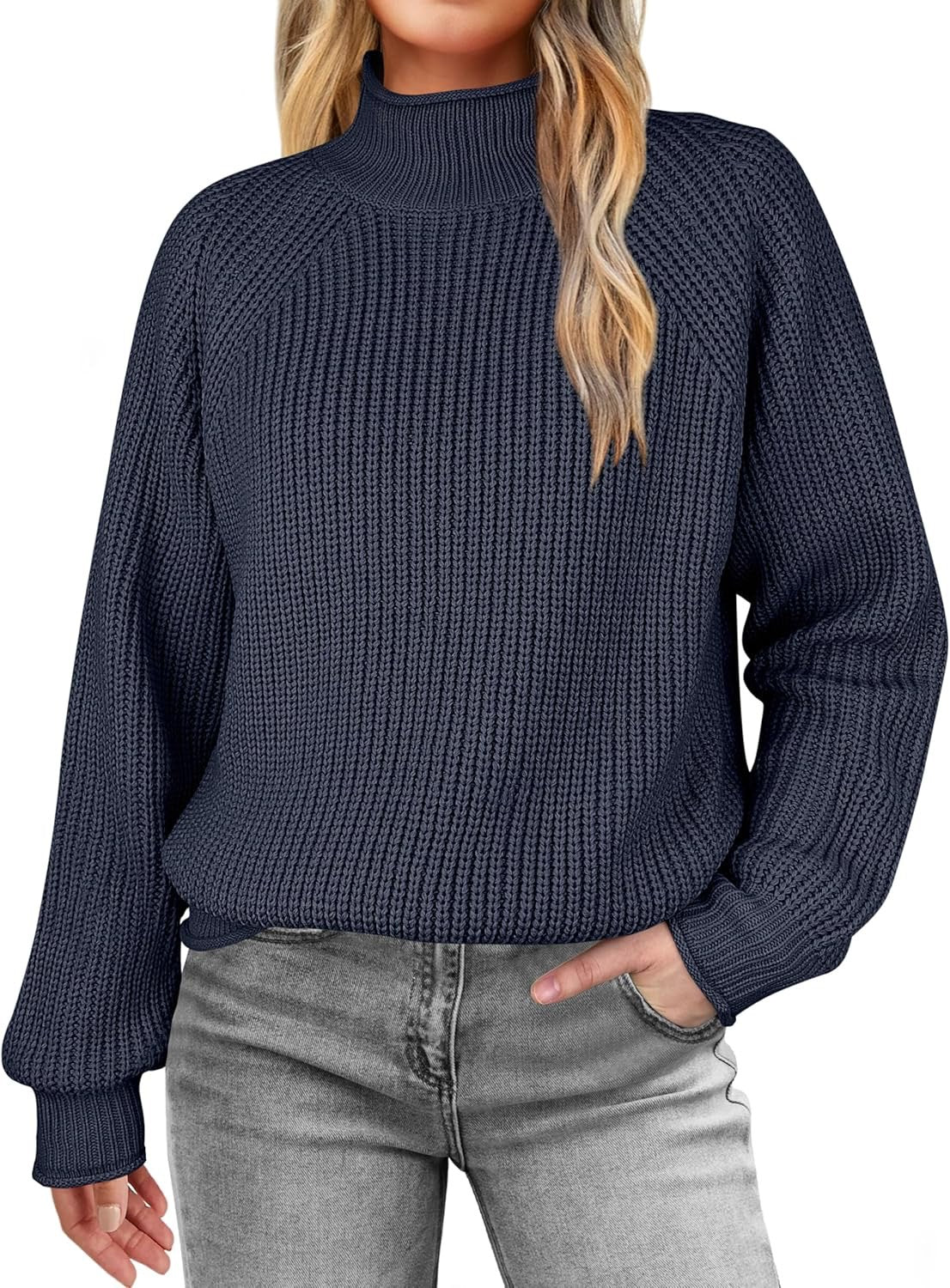 Damen modischer Strickpullover mit hohem Kragen und strukturierter Oberfläche R&B