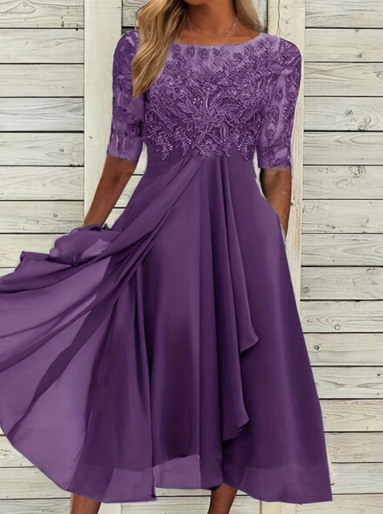 Damen elegantes Cocktailkleid mit floralem Spitzenoberteil und fließendem Rock Heidi-Mode