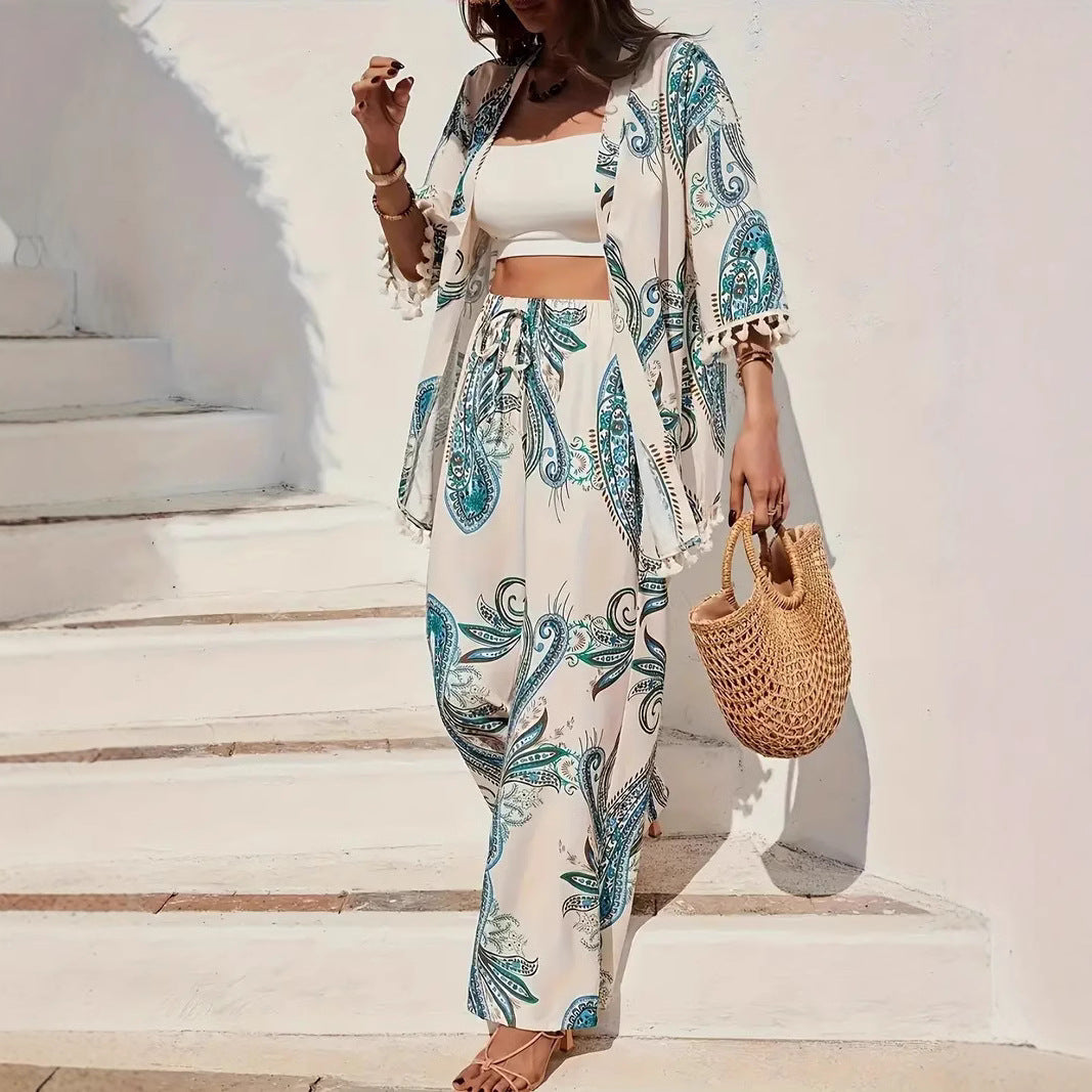 Damen Elegante Kombination aus Kimono und Hose mit kunstvollem Druck R&B