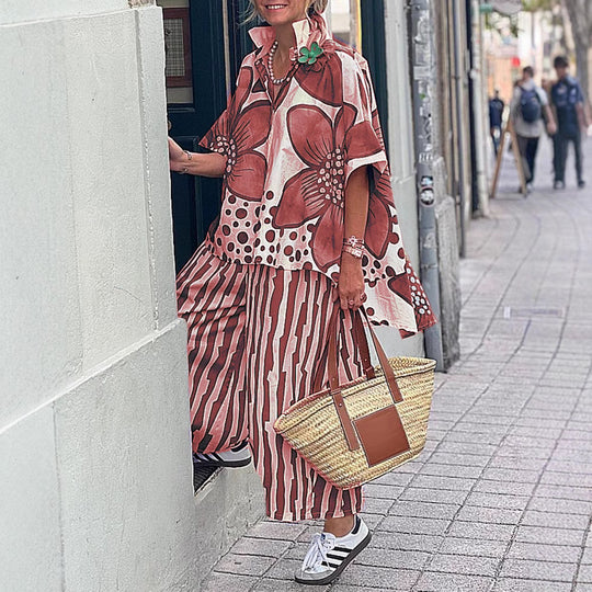 Damen Übergroßes Tunika-Set mit floralem Muster und gestreiften Hosen R&B