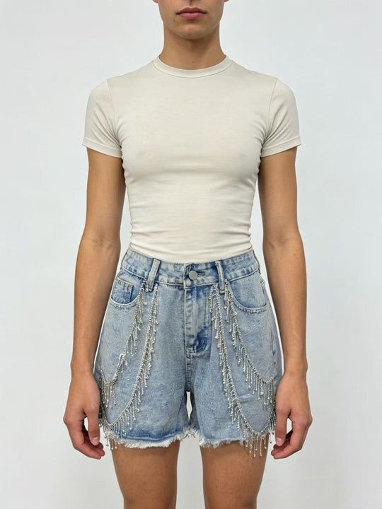 Damen Designer Denim-Shorts mit trendigen Kettenverzierungen R&B
