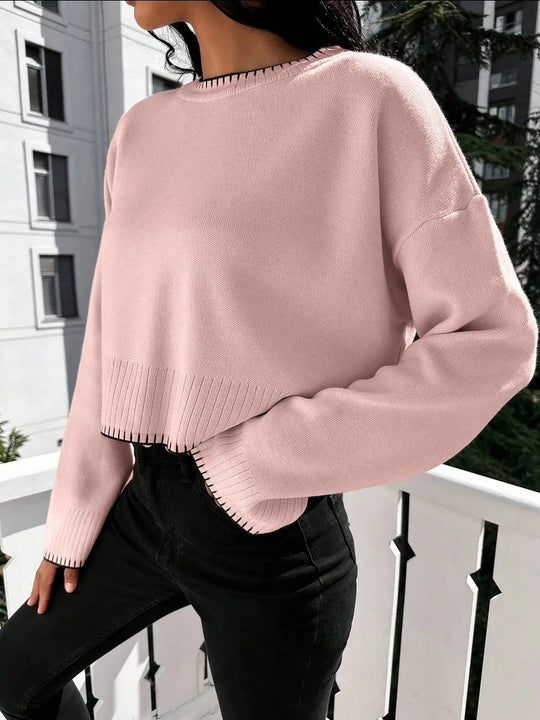 Damen lässiger Strickpullover mit kontrastierenden Nähten und cropped Schnitt R&B