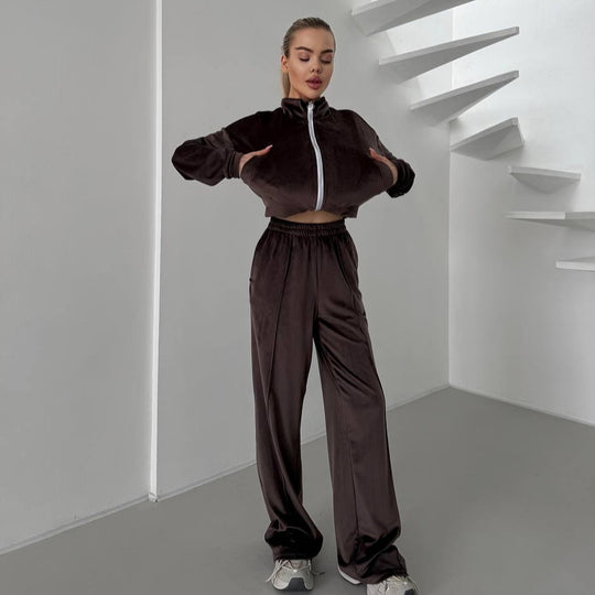 Damen sportlicher Fleece-Jogginganzug mit gestochenem Reißverschluss und weichem Innenfutter R&B