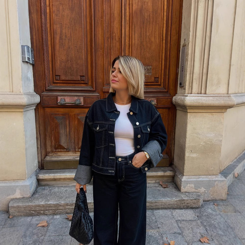 Damen Weit geschnittene Denim-Hose mit modischem Aufschlag R&B
