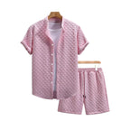 Herren nan zweiteiliges Sommerensemble mit Stehkragen-Hemdjacke und elastischen Komfort-Shorts in geprägter Karo-Textur R&B