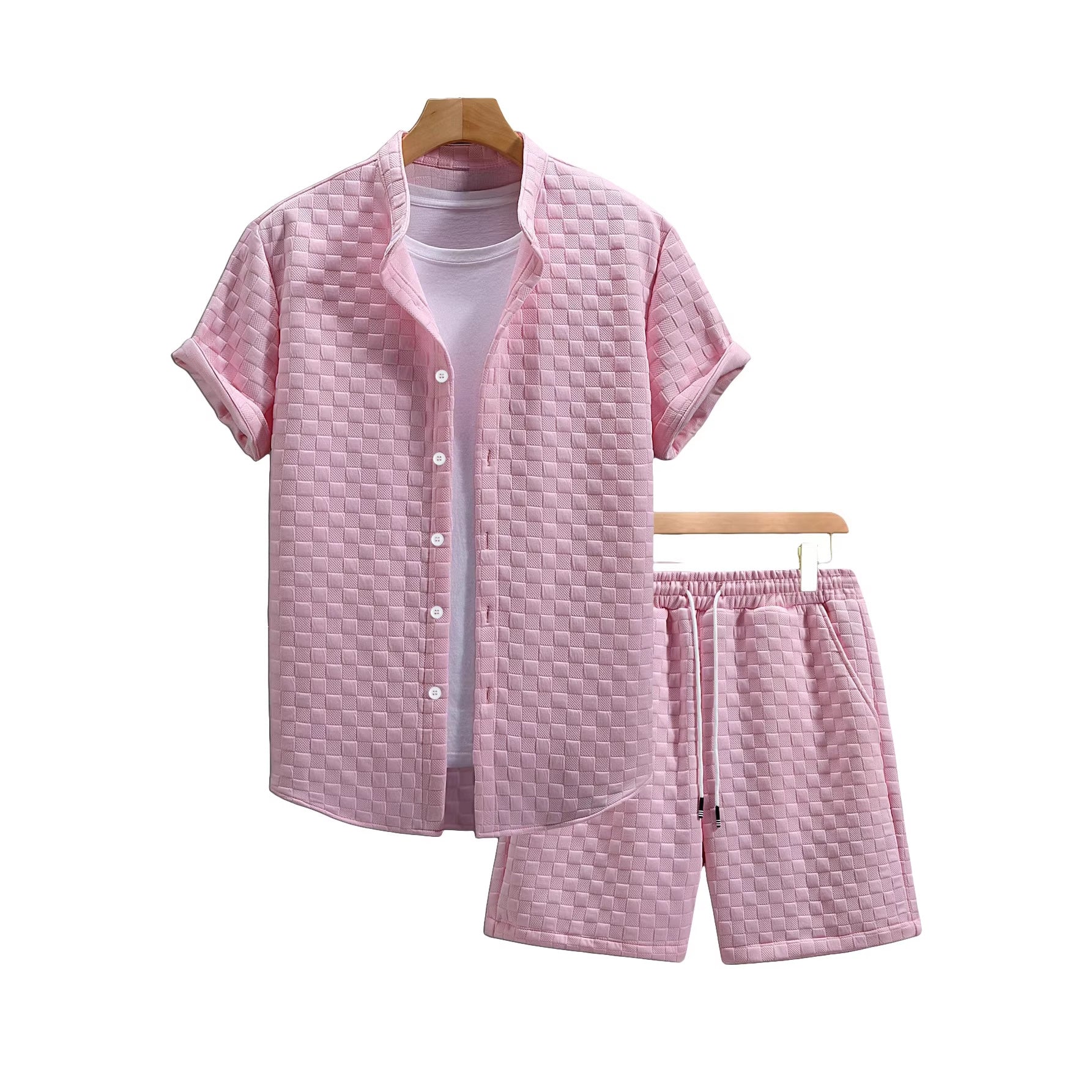Herren nan zweiteiliges Sommerensemble mit Stehkragen-Hemdjacke und elastischen Komfort-Shorts in geprägter Karo-Textur R&B