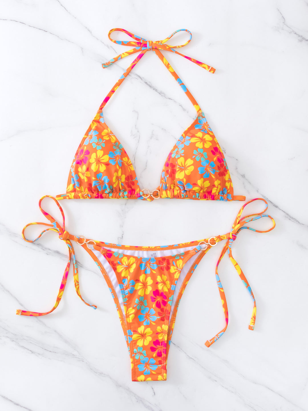Damen Triangel-Bikini mit floralem Print und verstellbaren Schnüren R&B