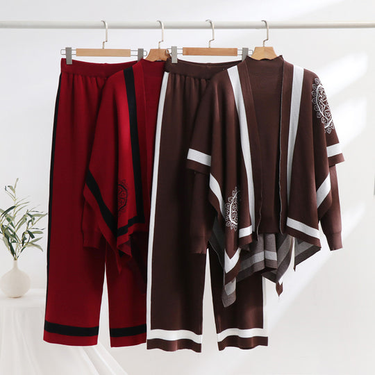 Damen elegantes Strick-Loungewear-Set mit grafischem Muster und weiten Ärmeln R&B