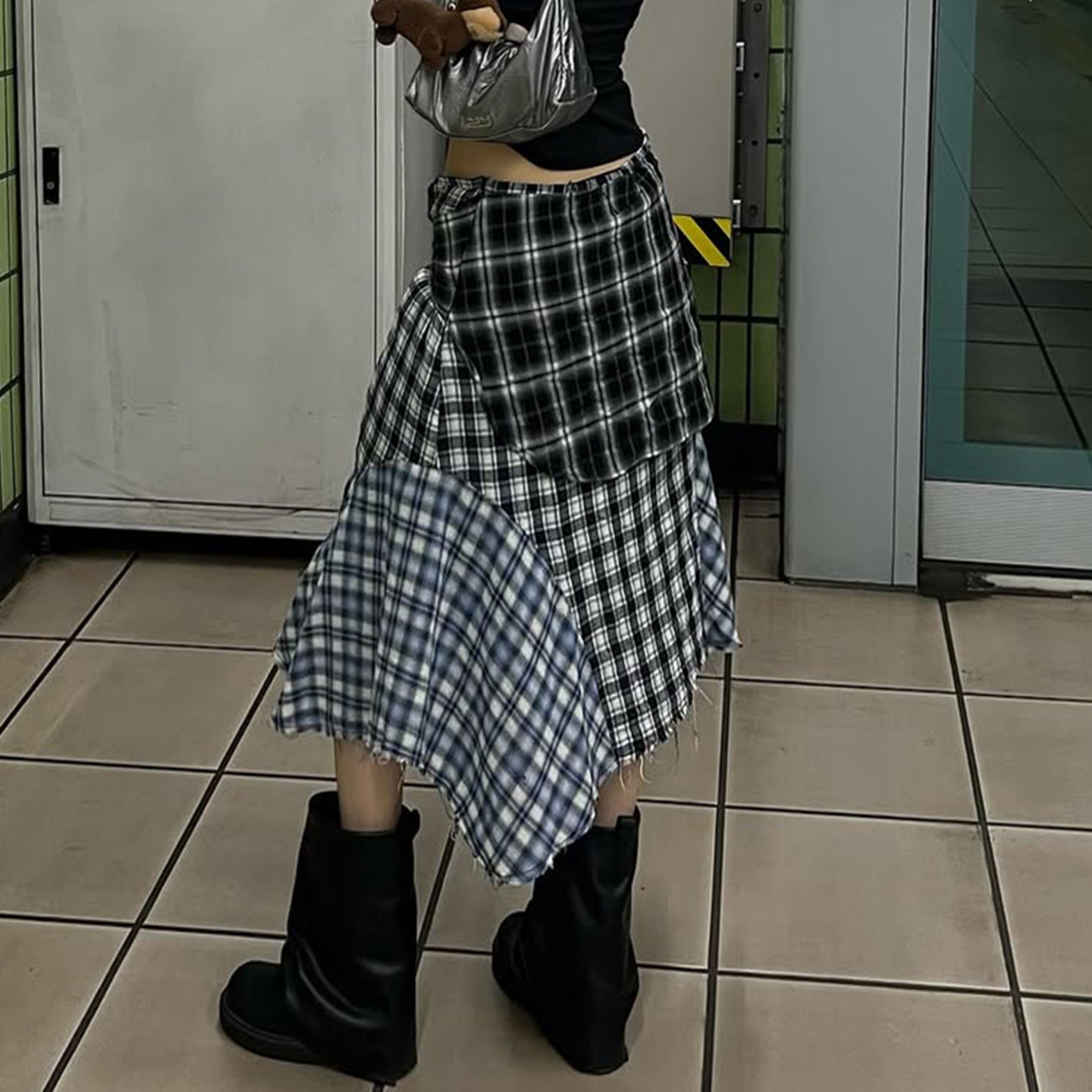 Damen asymmetrischer karierter Rock mit Bindegürtel R&B