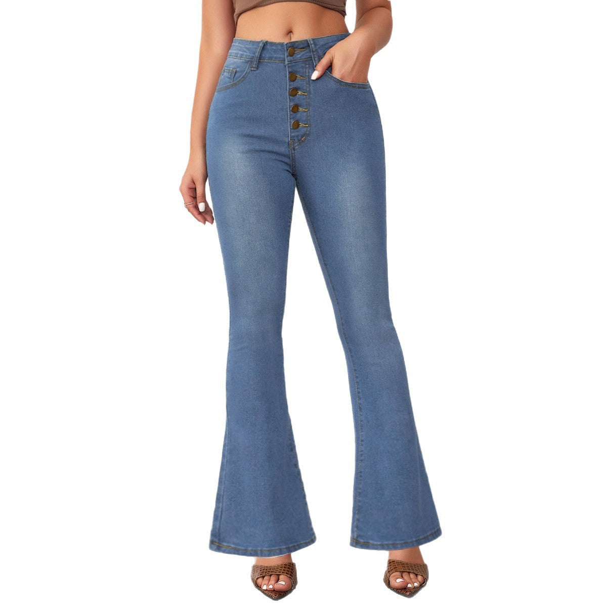 Damen Flared Jeans mit hohem Bund und Knopfdetail R&B