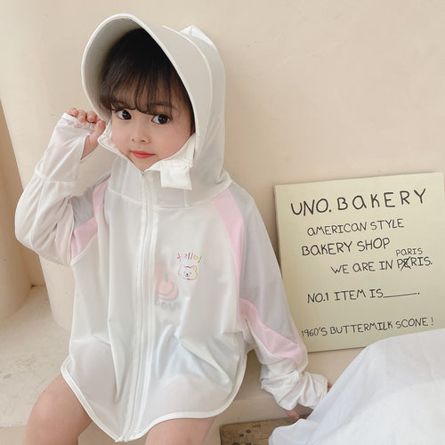 Unisex nan ultraleichte Kinder-Sonnenschutzjacke mit Kapuze, Reißverschluss, Meshfutter und Bärenstickerei  R&B
