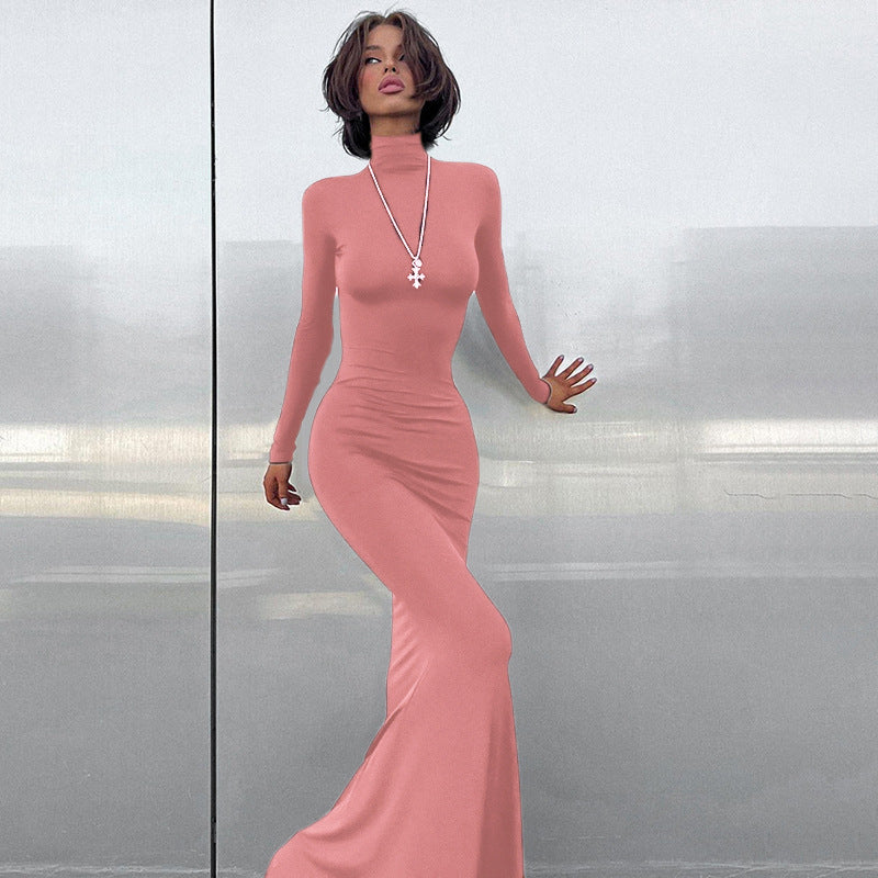 Damen figurbetontes Langarmkleid mit hohem Kragen und elegantem Schnitt R&B