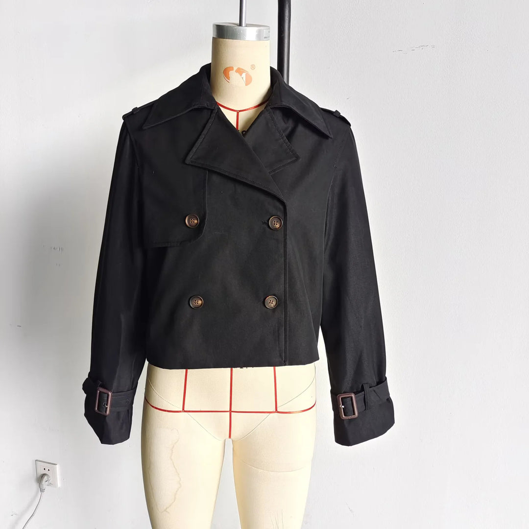 Damen cropped Trenchcoat mit doppelter Knopfleiste und verstellbaren Ärmeln R&B