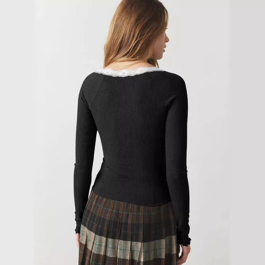 Damen Langarmshirt mit Spitzendetails und Knopfleiste R&B