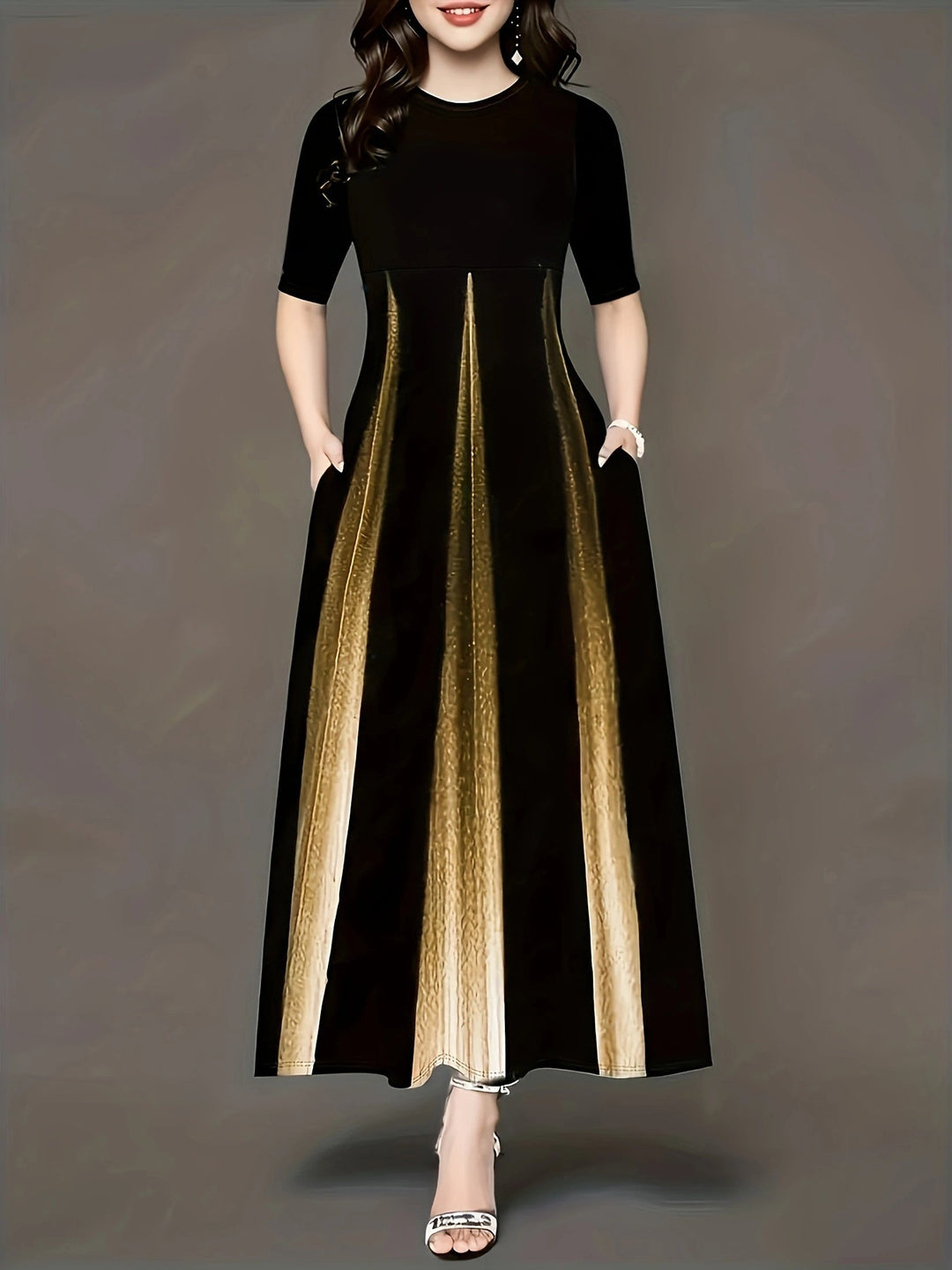 Damen Maxikleid mit eleganten Falten und praktischen Taschen R&B