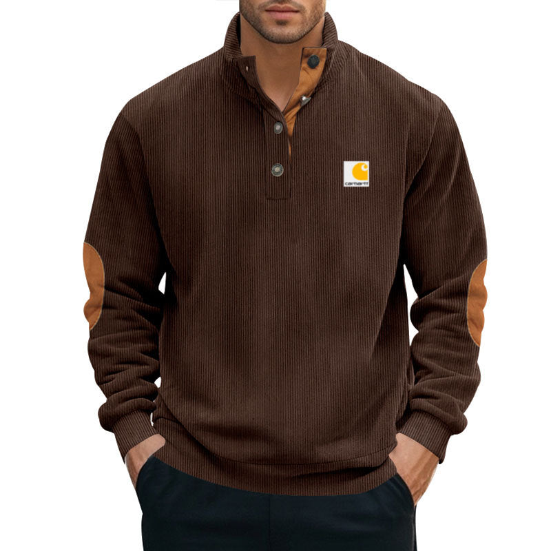 Herren nan Strickpullover im Troyer-Stil mit Stehkragen Lederbesatz Druckknopfleiste und Ellbogen-Patches R&B