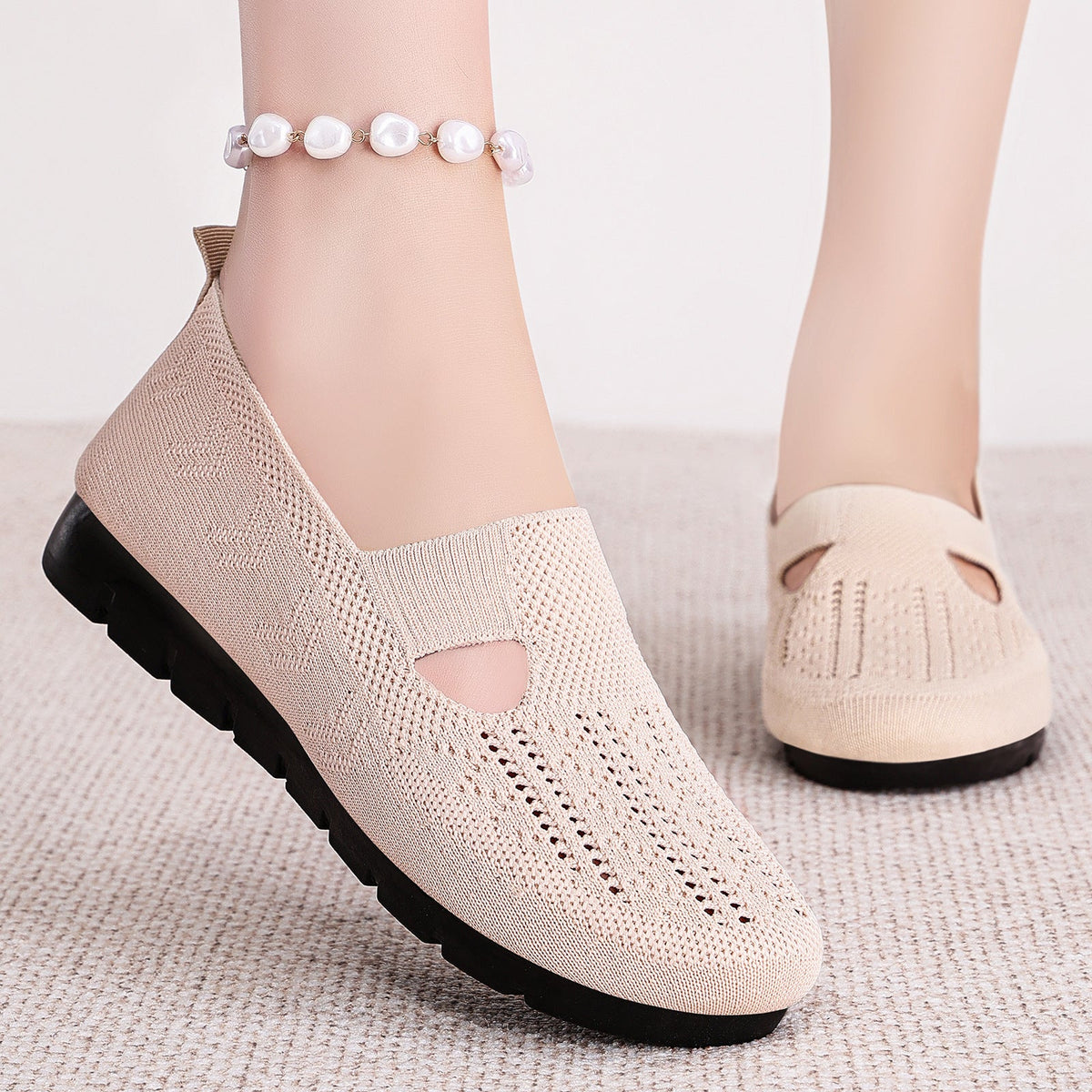 Damen nan gestrickter Slip-On Ballerina-Slipper mit elastischem Mary-Jane-Riemen und gedämpfter Keilsohle R&B