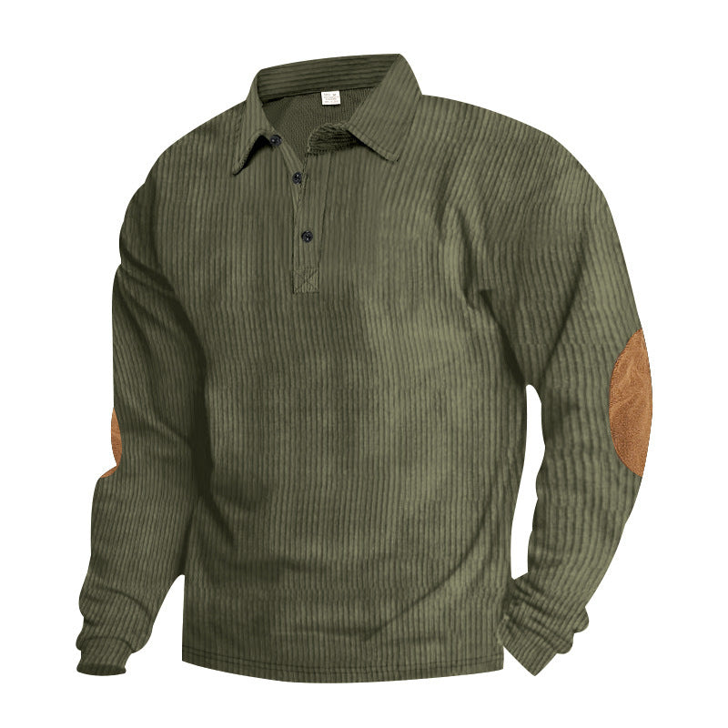 Herren nan schwerer gerippter Baumwoll-Polo-Pullover mit Kentkragen dreifach-Knopfleiste und Wildleder-Ellenbogenpatches R&B
