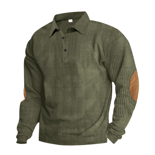 Herren nan schwerer gerippter Baumwoll-Polo-Pullover mit Kentkragen dreifach-Knopfleiste und Wildleder-Ellenbogenpatches R&B