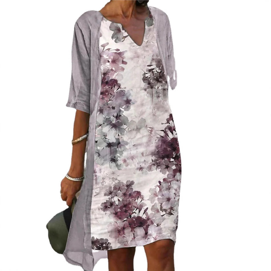 Damen Freizeitkleid mit floralem Design und tiefem V-Ausschnitt R&B