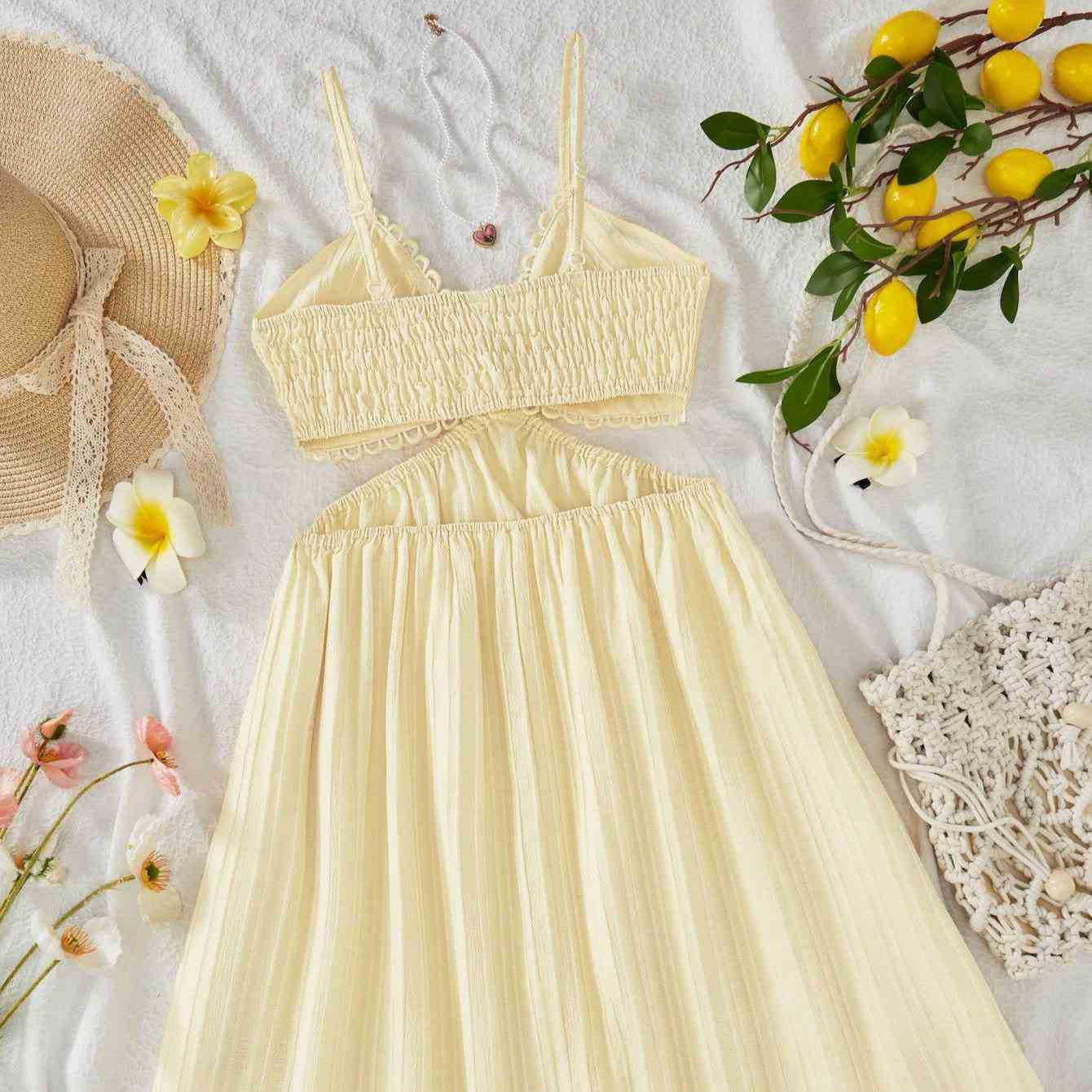 Damen Maxikleid mit zarten Rüschen und verstellbaren Spaghettiträgern R&B