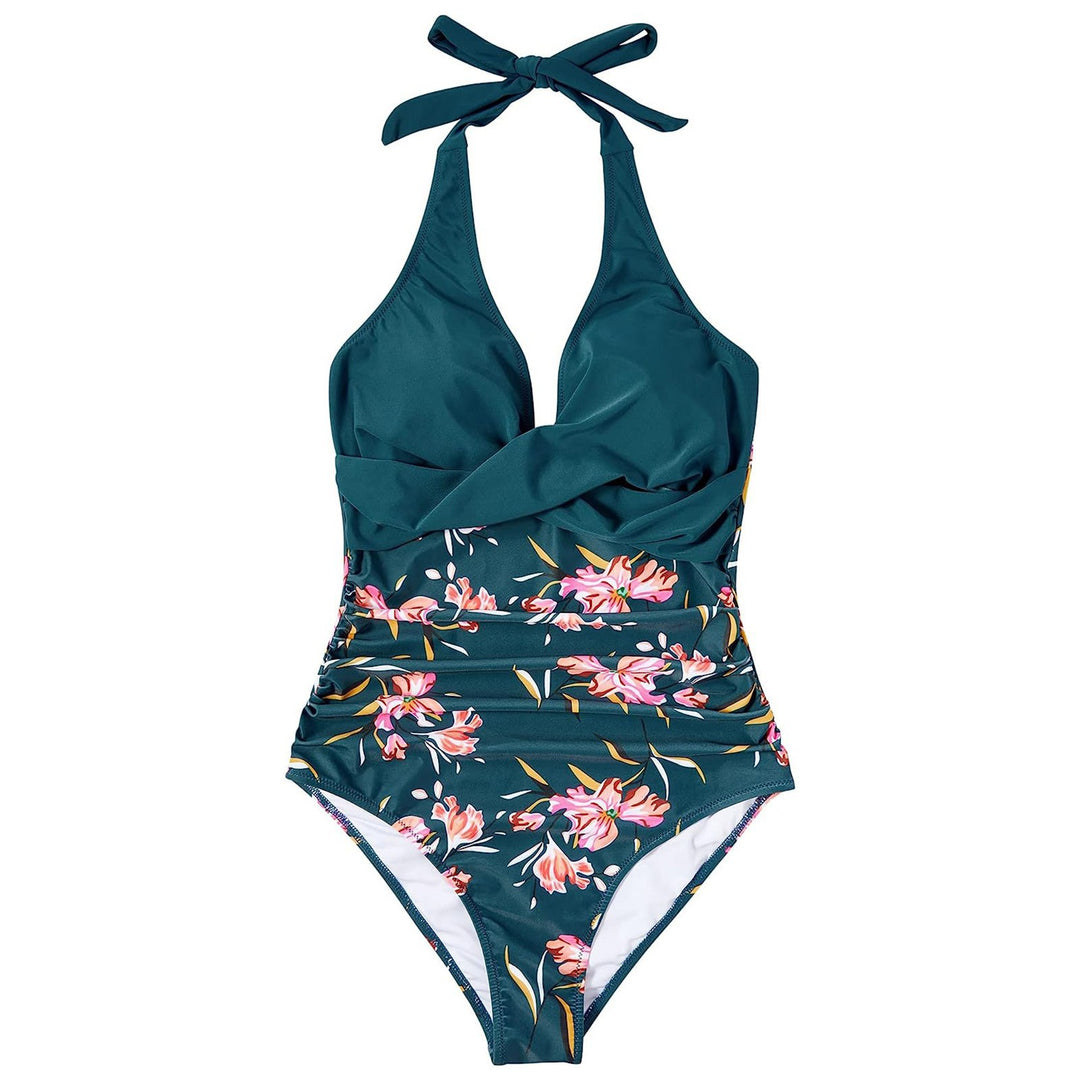 Damen Einteiler Badeanzug mit floralem Wickel-Design und verstellbaren Trägern R&B