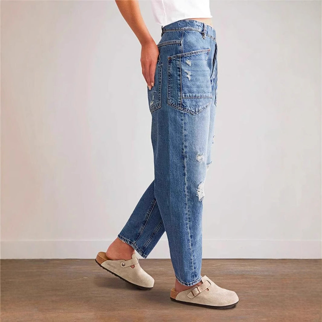 Damen weit geschnittene Jeans mit kreativen Taschen und Destroyed-Details R&B