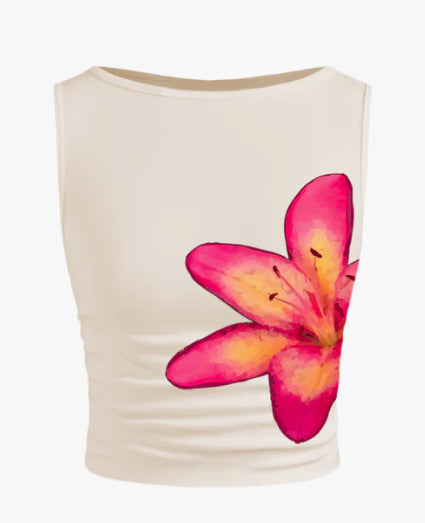 Damen ärmelloses Crop-Top mit floralem Motiv und figurbetontem Schnitt EB