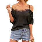 Damen Off-Shoulder Bluse mit Spitze und Volantärmel