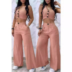 Damen Zweiteiliges Set mit hoch taillierter Hose und knöpfigem Crop-Top R&B