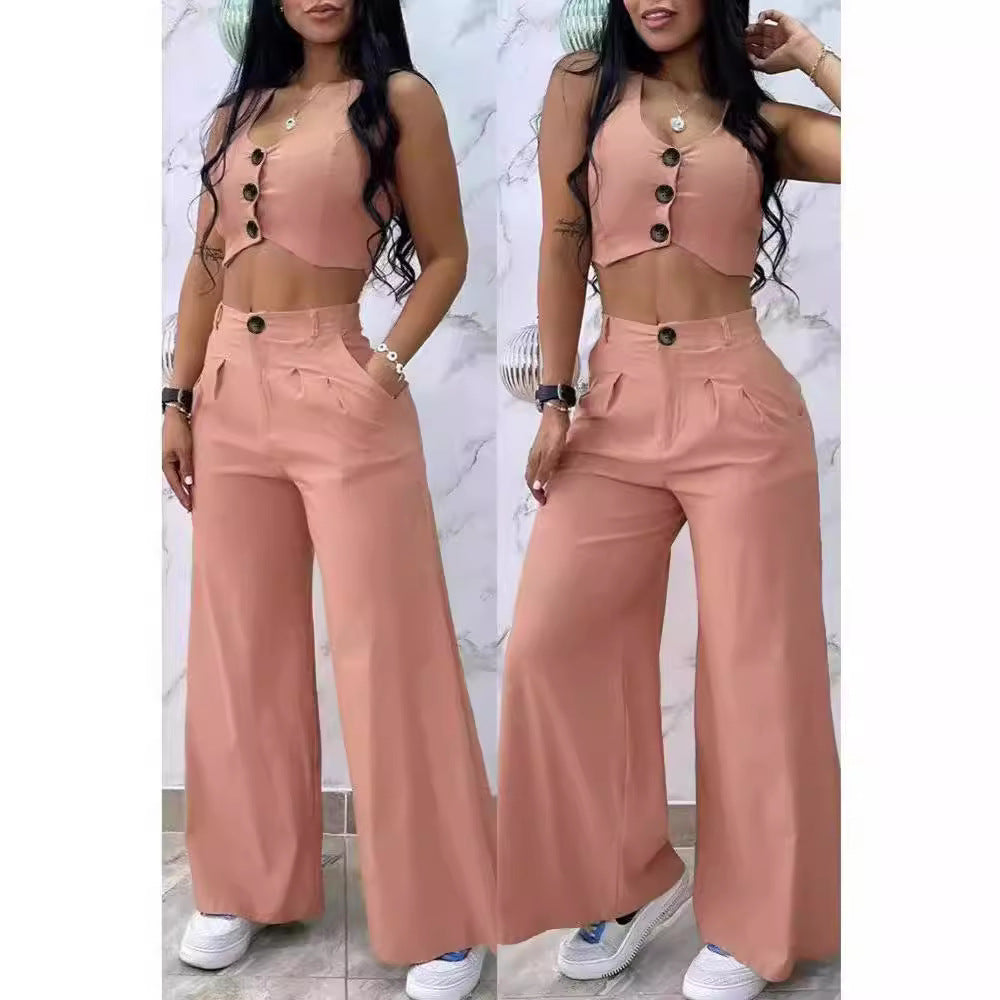 Damen Zweiteiliges Set mit hoch taillierter Hose und knöpfigem Crop-Top R&B