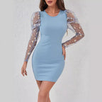 Damen Figurbetontes Kleid mit transparenten Puffärmeln und floralen Akzenten R&B