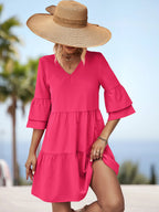 Damen Kurzarm Kleid mit voluminösen Rüschensäumen und schickem V-Ausschnitt R&B