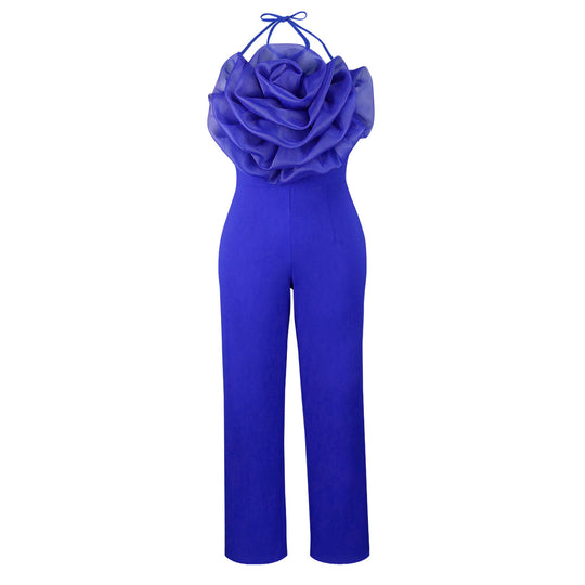 Damen eleganter Jumpsuit mit voluminösem Blumenkragen R&B