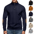 Herren nan Zopfmuster-Pullover mit Stehkragen, halber Knopfleiste und Ellbogenpatches R&B