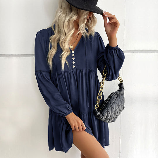 Damen lässiges Tunika-Kleid mit Knopfdetail und Volant-Design R&B