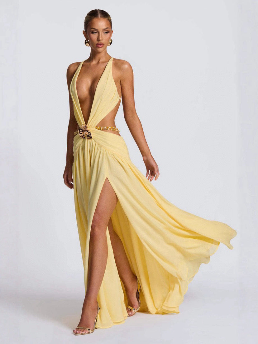 Damen Maxikleid mit tiefem V-Ausschnitt und elegantem Wickeldesign R&B