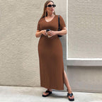 Damen Figurbetontes Maxikleid mit Seitenschlitz und Rippenstruktur R&B