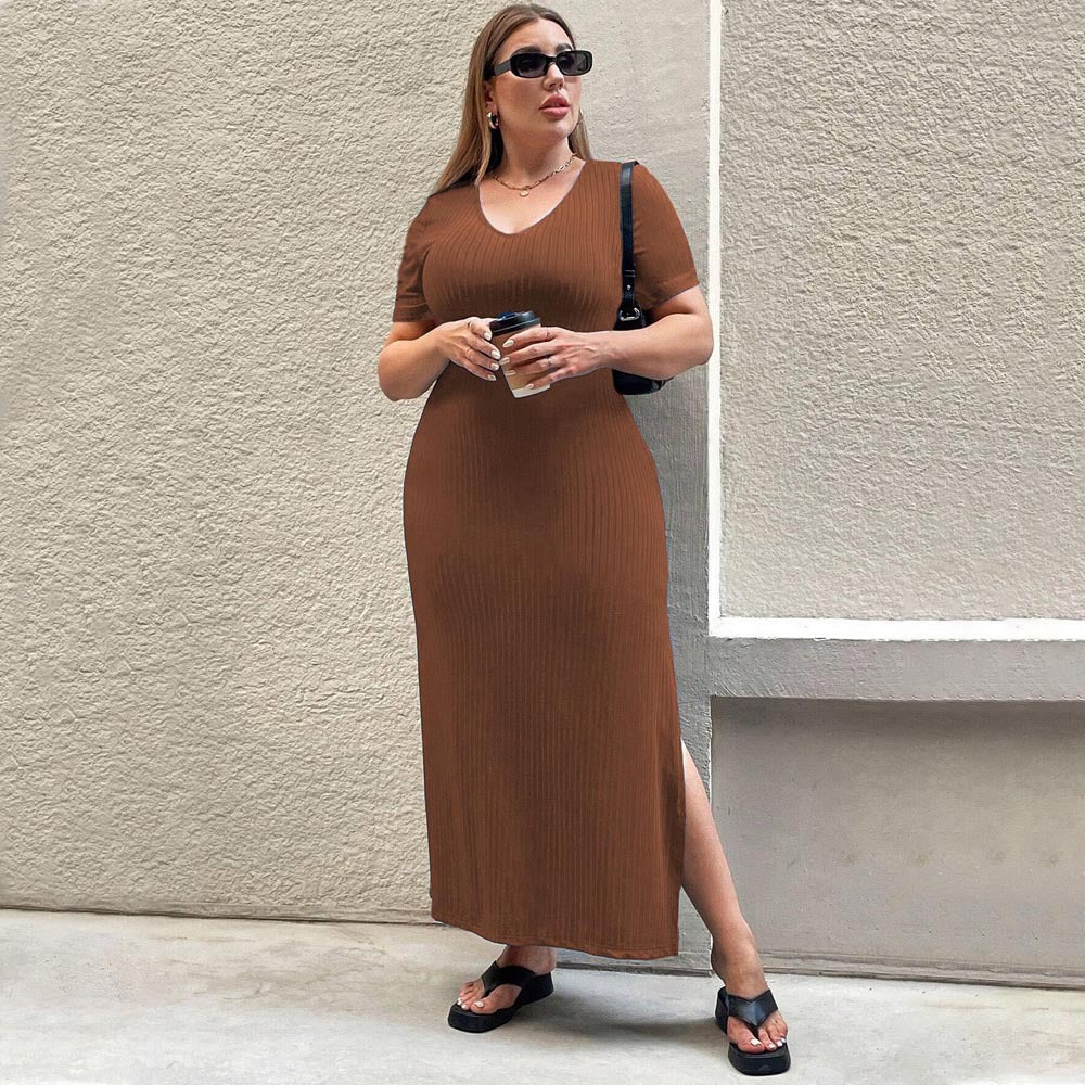 Damen Figurbetontes Maxikleid mit Seitenschlitz und Rippenstruktur R&B