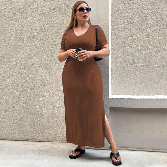Damen Figurbetontes Maxikleid mit Seitenschlitz und Rippenstruktur R&B