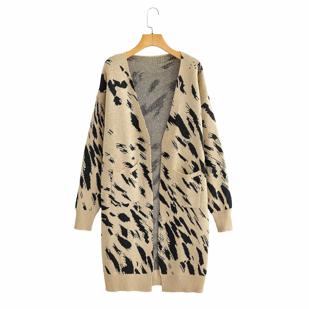 Damen Grobstrick-Cardigan mit modischem Leopardenmuster und praktischen Taschen R&B
